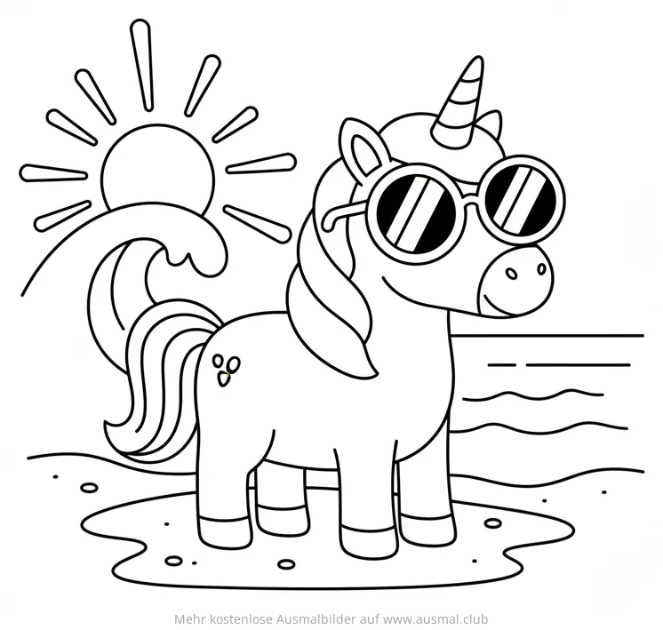 Einhorn mit Sonnenbrille am Strand Ausmalbild