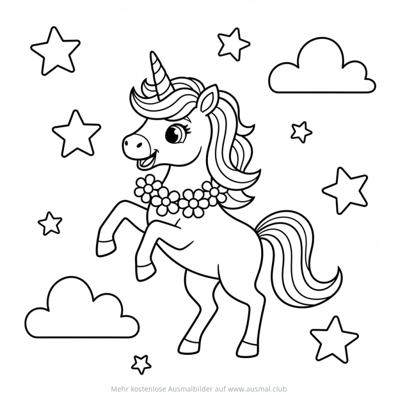 Tanzendes Einhorn mit Blumenkette Ausmalbild
