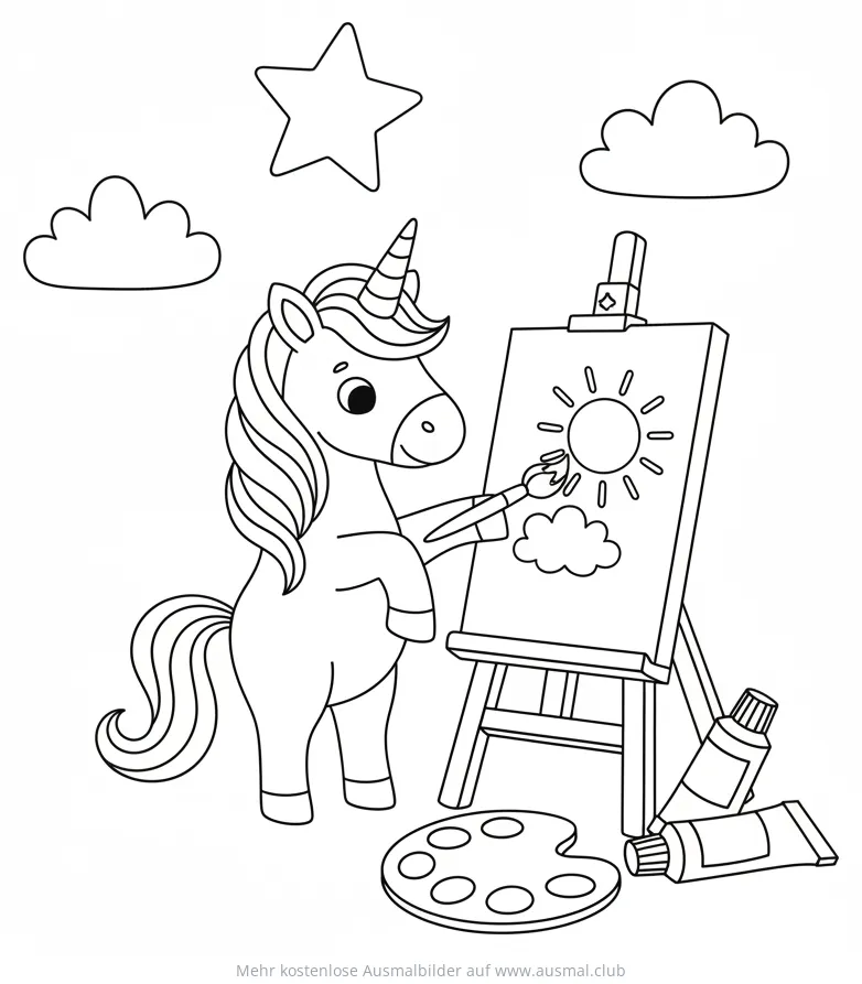 Einhorn malt ein Bild auf einer Staffelei Ausmalbild