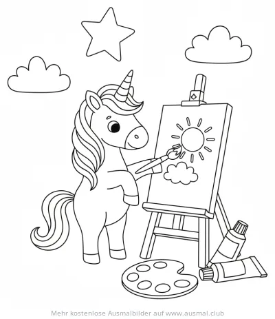Einhorn malt ein Bild auf einer Staffelei Ausmalbild
