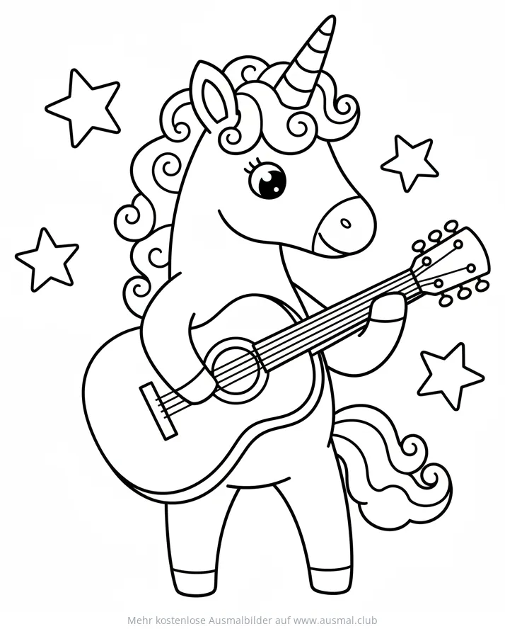 Einhorn mit Gitarre Ausmalbild, umgeben von Sternen