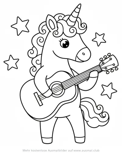 Einhorn mit Gitarre Ausmalbild, umgeben von Sternen