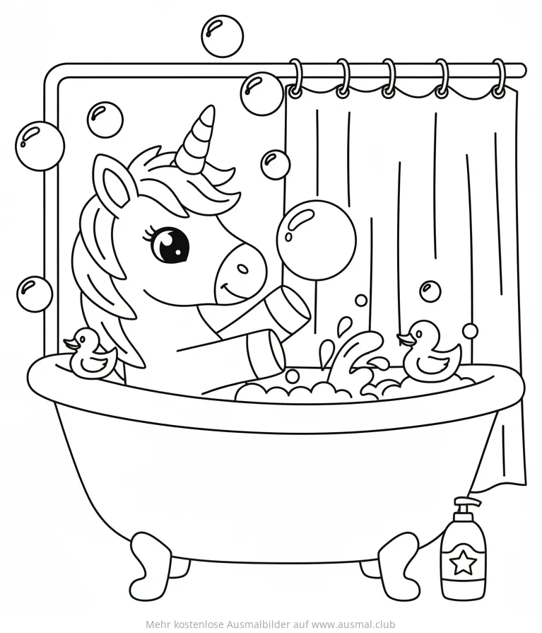 Einhorn in der Badewanne mit Quietscheentchen Ausmalbild