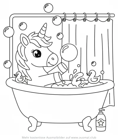Einhorn in der Badewanne mit Quietscheentchen Ausmalbild