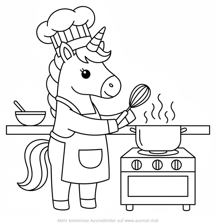 Einhorn als Koch mit Kochmütze und Schürze am Herd Ausmalbild