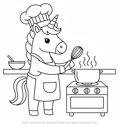 Einhorn als Koch mit Kochmütze und Schürze am Herd Ausmalbild