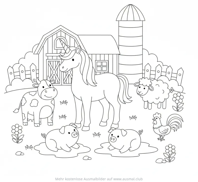 Einhorn mit Bauernhoftieren vor Bauernhaus und Silo Ausmalbild