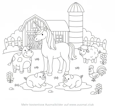 Einhorn mit Bauernhoftieren vor Bauernhaus und Silo Ausmalbild