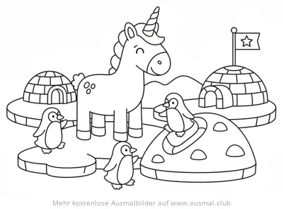 Einhorn mit Pinguinen und Iglus am Nordpol Ausmalbild