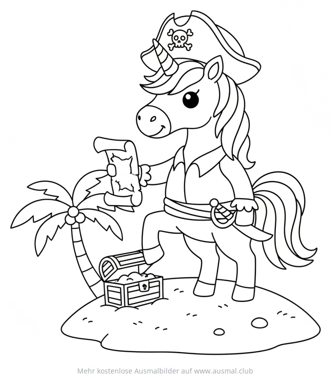 Einhorn Pirat mit Schatzkarte und Schatzkiste Ausmalbild