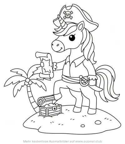 Einhorn Pirat mit Schatzkarte und Schatzkiste Ausmalbild