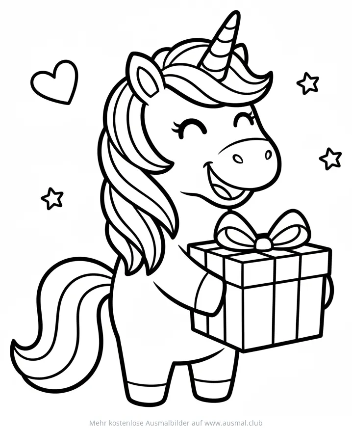 Lächelndes Einhorn mit Geschenk Ausmalbild