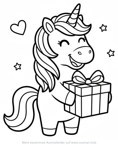 Lächelndes Einhorn mit Geschenk Ausmalbild