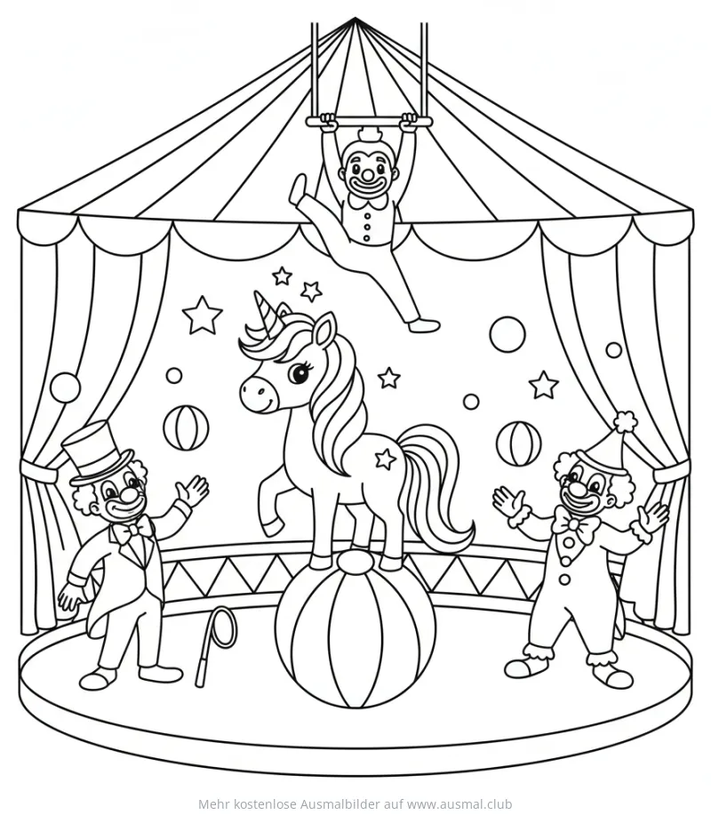Zirkus Einhorn mit Clowns und Trapezkünstler Ausmalbild