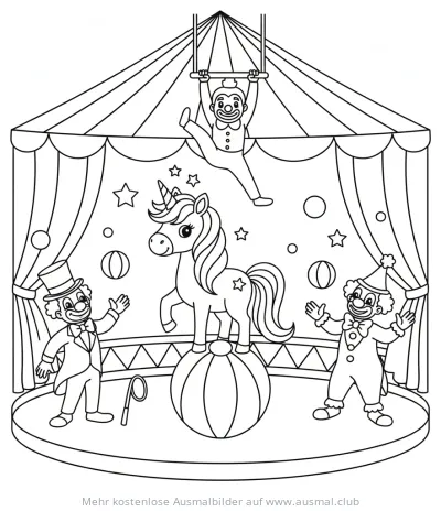 Zirkus Einhorn mit Clowns und Trapezkünstler Ausmalbild