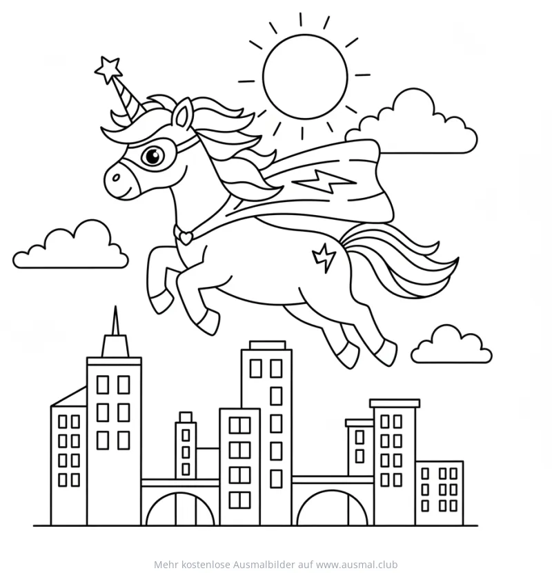 Fliegendes Einhorn Superheld über Stadt Ausmalbild