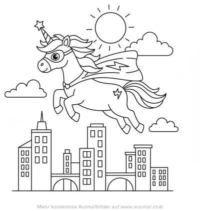 Fliegendes Einhorn Superheld über Stadt Ausmalbild