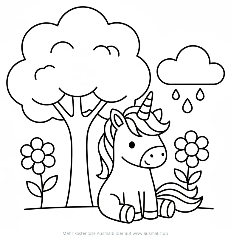 Einhorn sitzt unter Baum mit Blumen und Regenwolke Ausmalbild