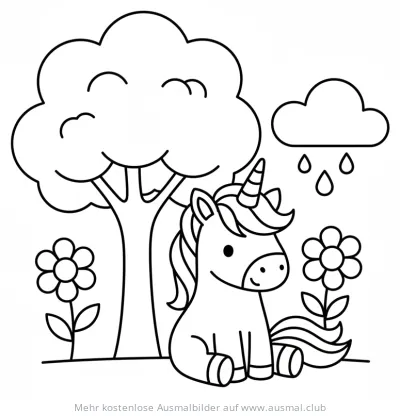 Einhorn sitzt unter Baum mit Blumen und Regenwolke Ausmalbild