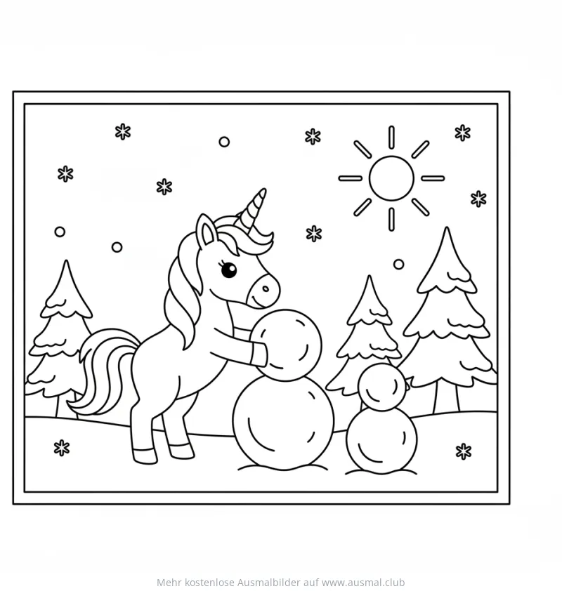 Einhorn baut einen Schneemann Ausmalbild in winterlicher Landschaft