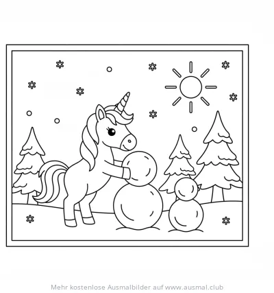 Einhorn baut einen Schneemann Ausmalbild in winterlicher Landschaft