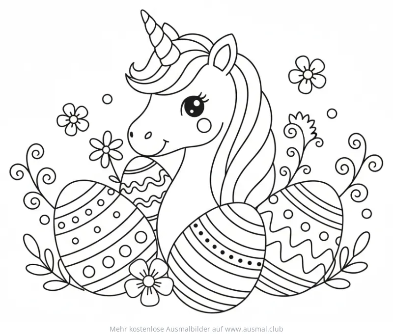 Einhorn mit Ostereiern und Blumen Ausmalbild