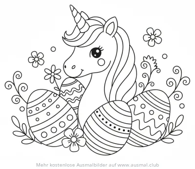 Einhorn mit Ostereiern und Blumen Ausmalbild