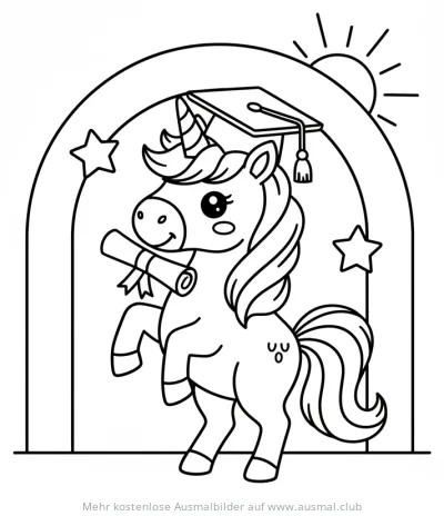 Einhorn mit Doktorhut und Zeugnis Ausmalbild