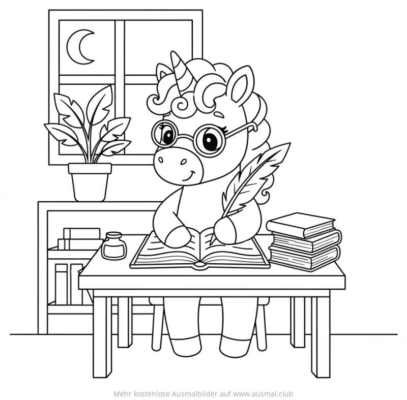 Einhorn mit Brille schreibt in Buch Ausmalbild
