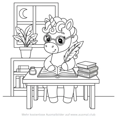 Einhorn mit Brille schreibt in Buch Ausmalbild
