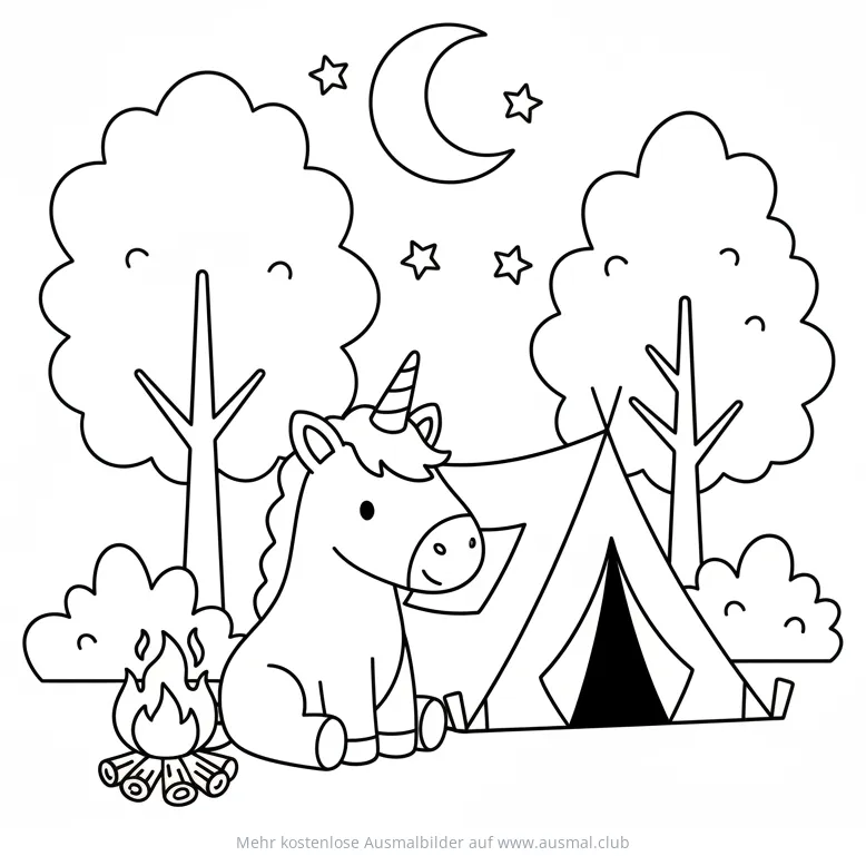 Einhorn beim Camping Ausmalbild mit Zelt und Lagerfeuer