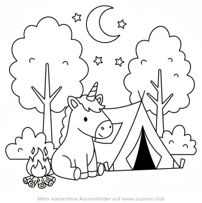 Einhorn beim Camping Ausmalbild mit Zelt und Lagerfeuer