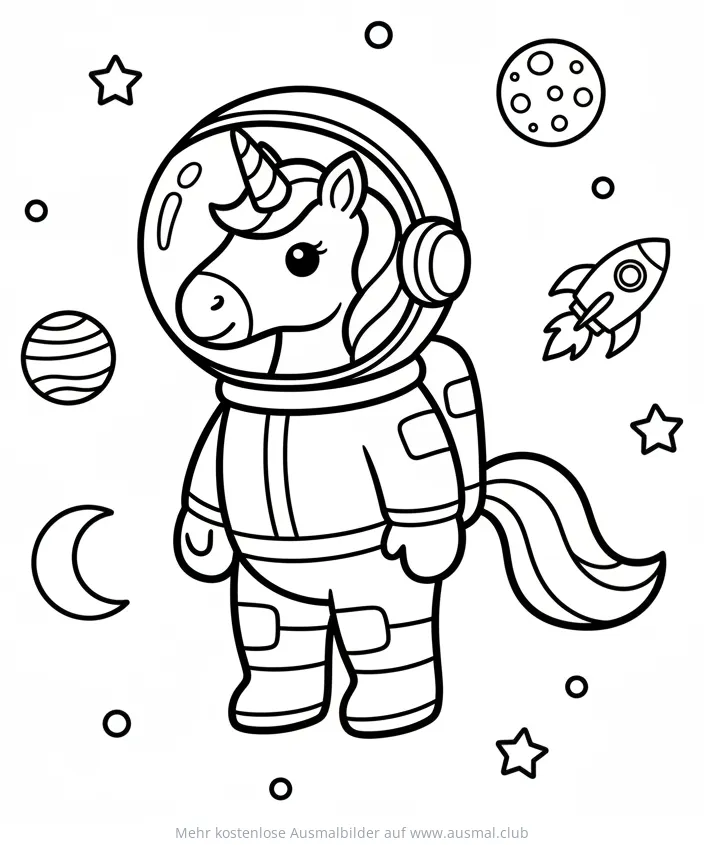 Einhorn als Astronaut im Weltraum Ausmalbild