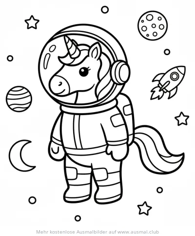 Einhorn als Astronaut im Weltraum Ausmalbild