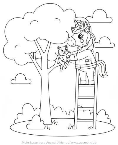 Einhorn als Feuerwehrmann rettet Katze aus Baum Ausmalbild