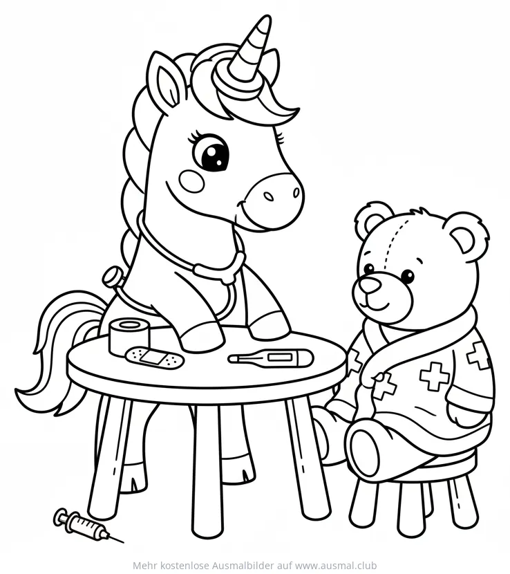 Einhorn als Doktor untersucht Teddybär Ausmalbild