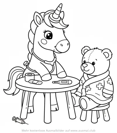Einhorn als Doktor untersucht Teddybär Ausmalbild