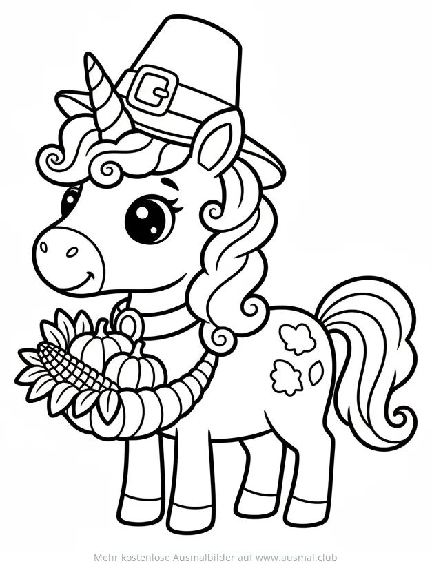 Einhorn mit Pilgrimhut und Erntedank-Schmuck Ausmalbild