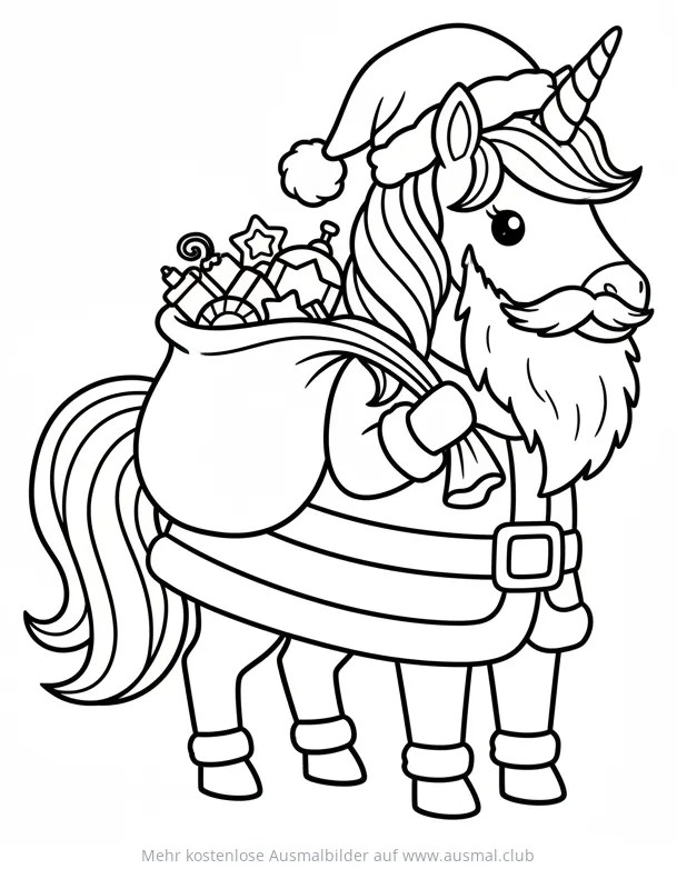 Weihnachtsmann Einhorn mit Geschenkesack Ausmalbild