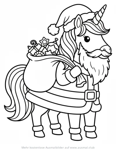 Weihnachtsmann Einhorn mit Geschenkesack Ausmalbild