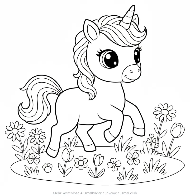 Einhorn Fohlen auf Blumenwiese Ausmalbild