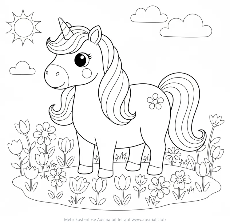Einhorn auf Blumenwiese Ausmalbild