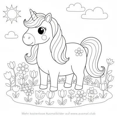 Einhorn auf Blumenwiese Ausmalbild