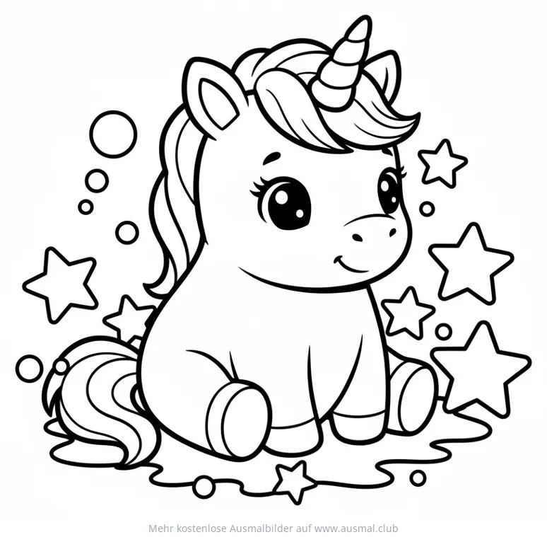 Niedliches Baby Einhorn, sitzend, umgeben von Sternen Ausmalbild