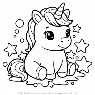 Niedliches Baby Einhorn, sitzend, umgeben von Sternen Ausmalbild