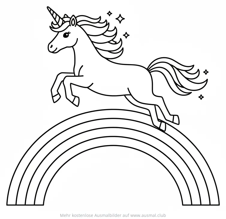 Einhorn springt über einen Regenbogen Ausmalbild