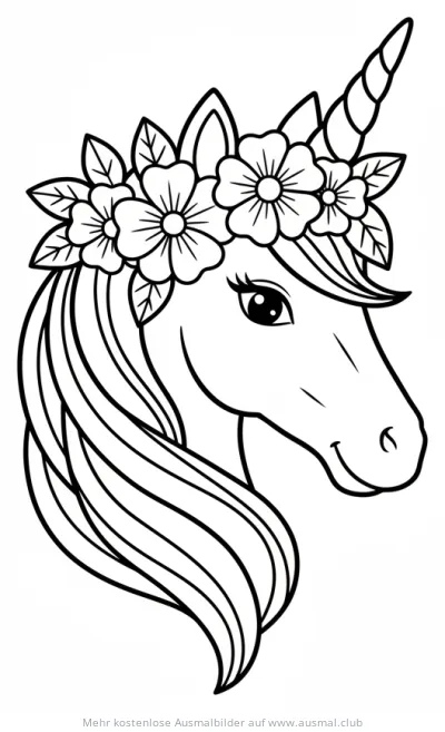 Einhorn Kopf Ausmalbild mit Blumenkrone