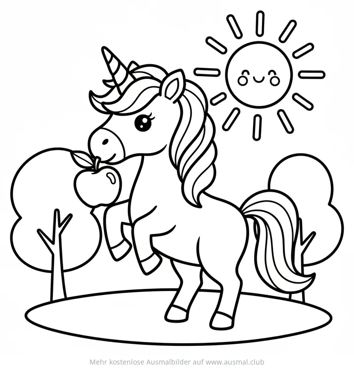 Einhorn mit Apfel im Maul Ausmalbild