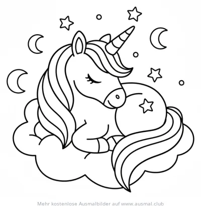 Schlafendes Einhorn auf Wolke Ausmalbild mit Sternen und Monden