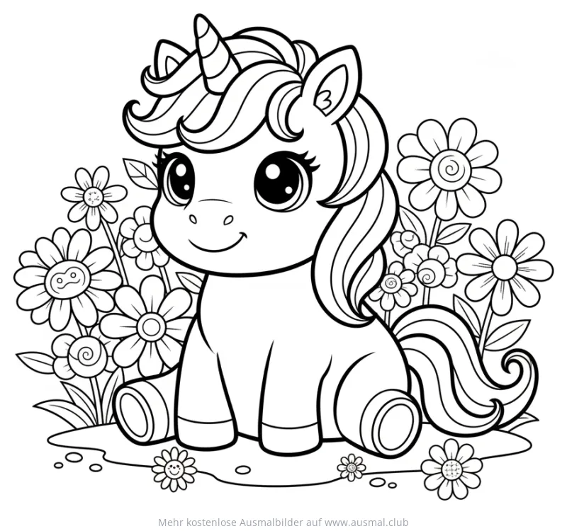 Niedliches Baby Einhorn sitzt in einem Blumenbeet Ausmalbild